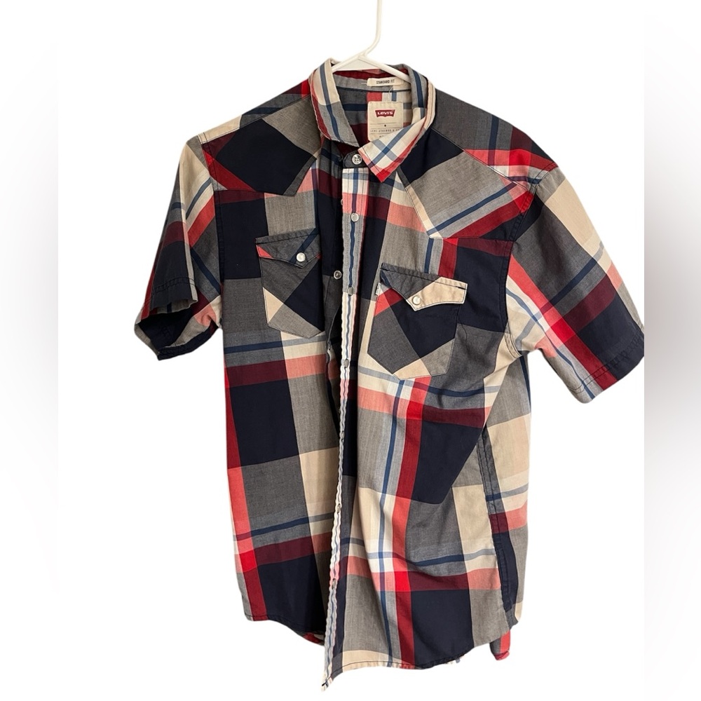 Levi’s men’s short sleeve plaid shirt, red white & blue, country western medium